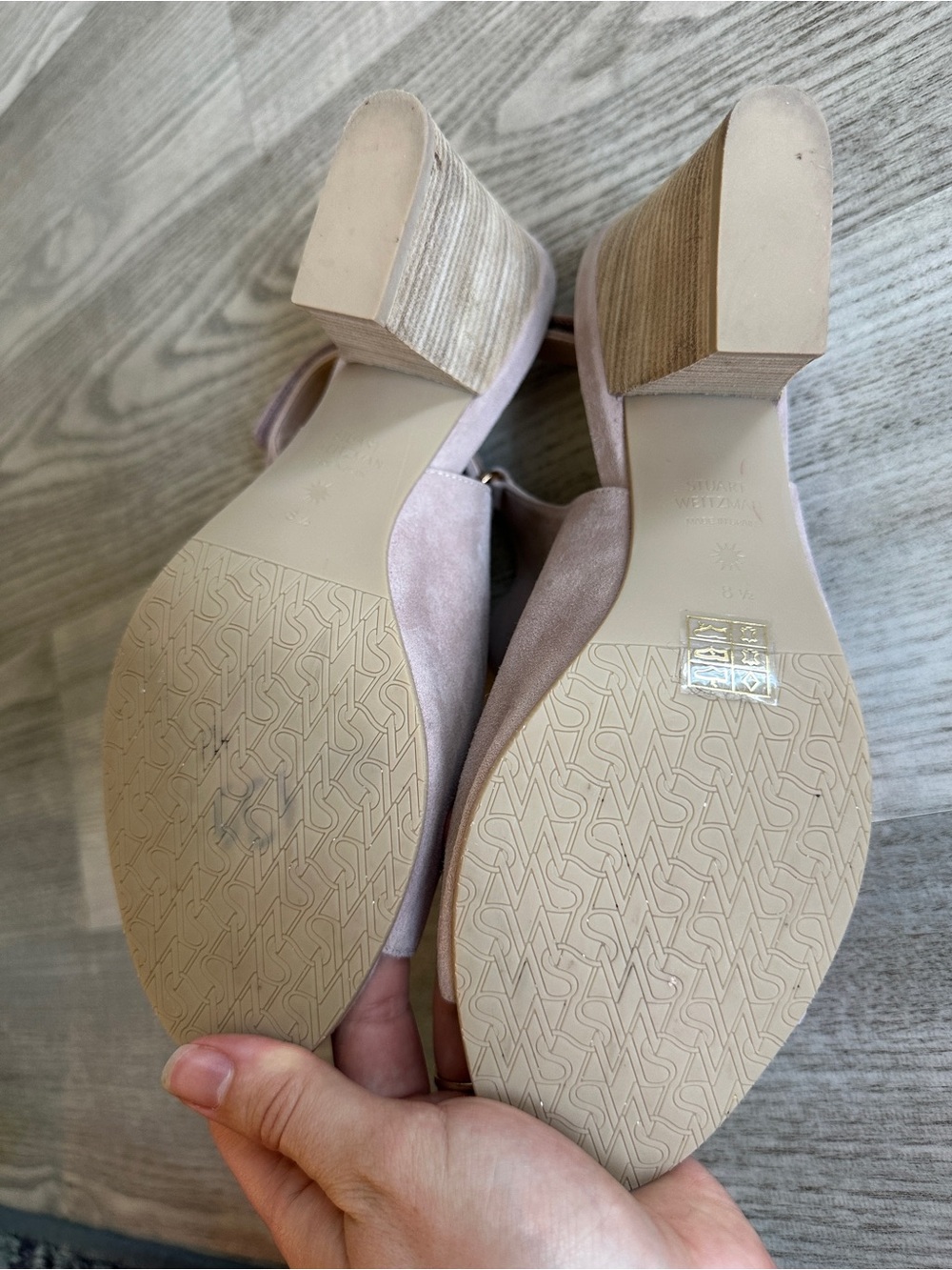 Stuart Weitzman Blush Suede Peep Toe Block Heeled Sandals 8.5 - Picture 12 of 14